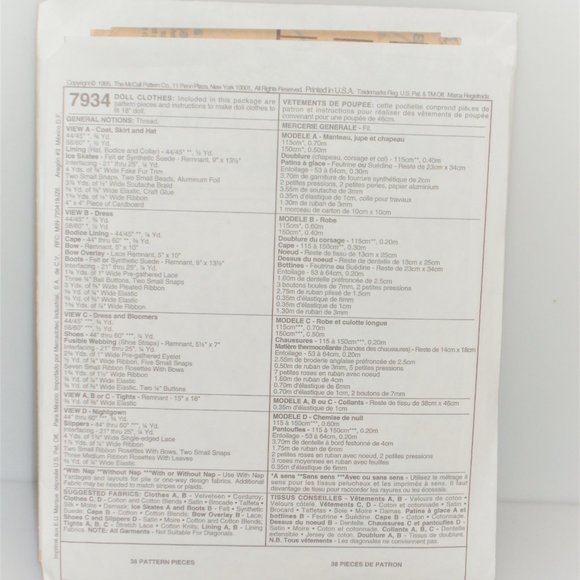 1992 McCall's Crafts DOLL CLOTHS Package #7934 Sewing Pattern Doll Collection - Picture 3 of 4